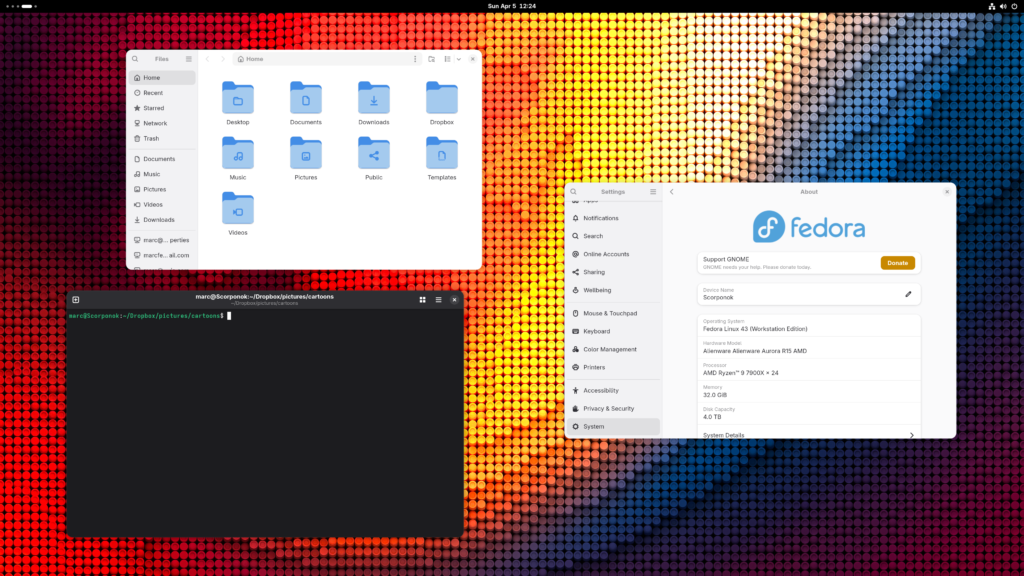 Fedora 43 desktop screenshot showing Nautilus, About settings, and a terminal.